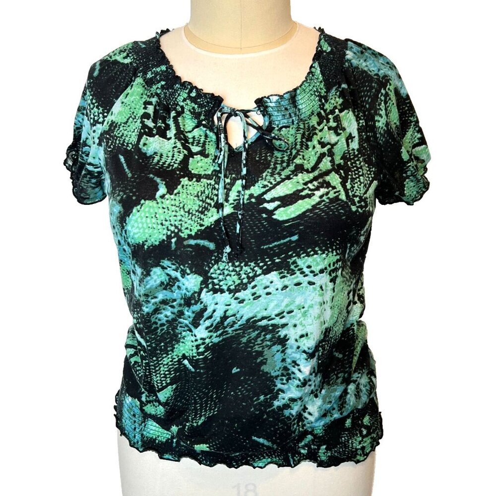Women's XL Isela Blouse Short Sleeve Reptilian Animal Print Gathered Neck Banded
